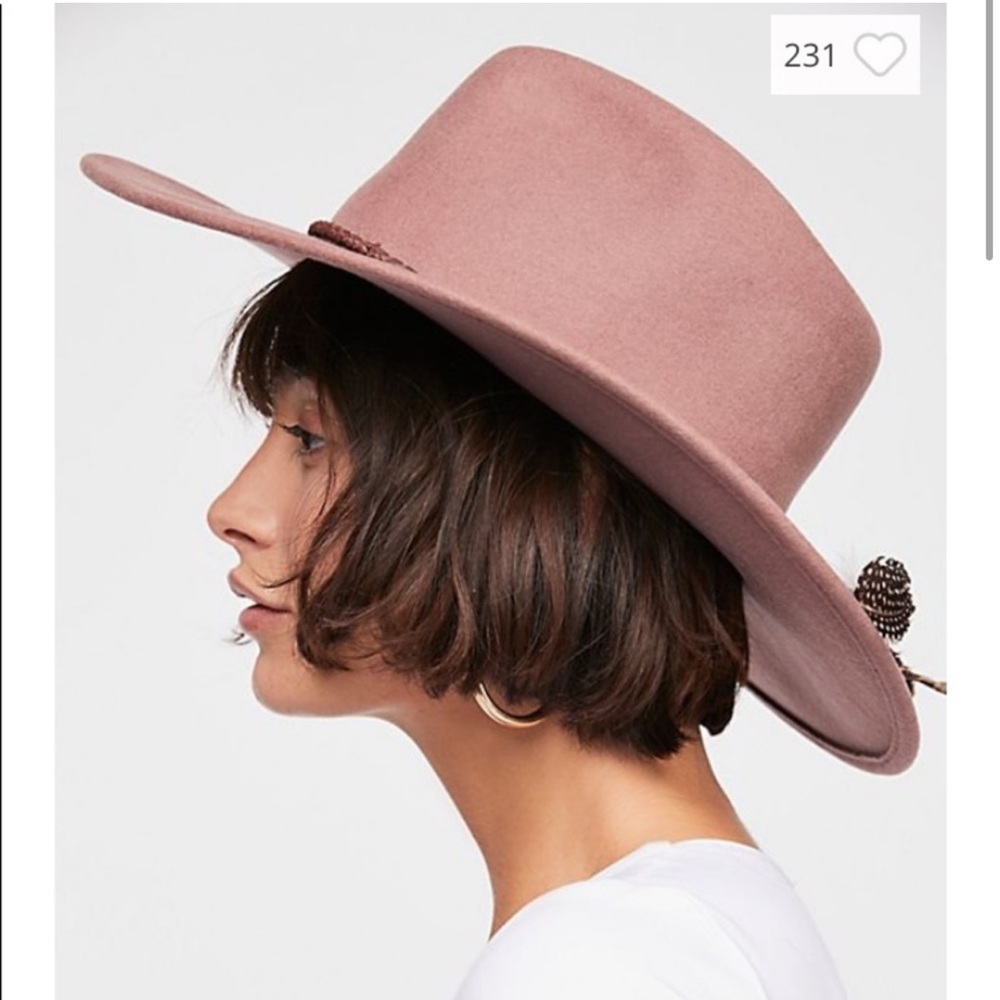 Mauve pink FREE PEOPLE hat wide brim feathers